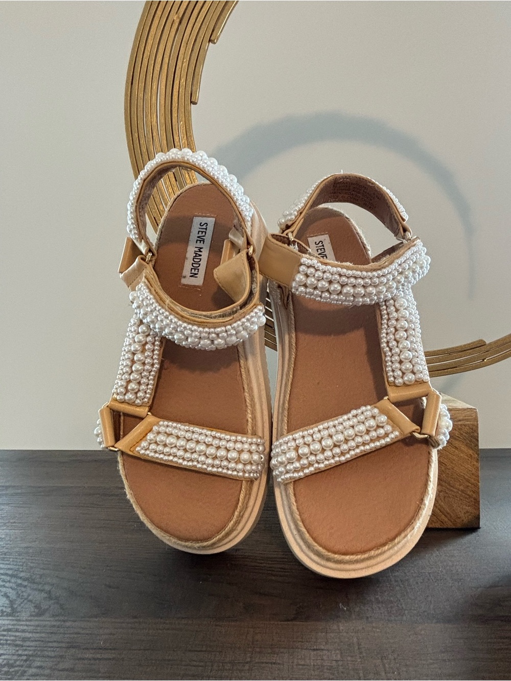 Steve Madden Pearl-Embellished Tan Sandals